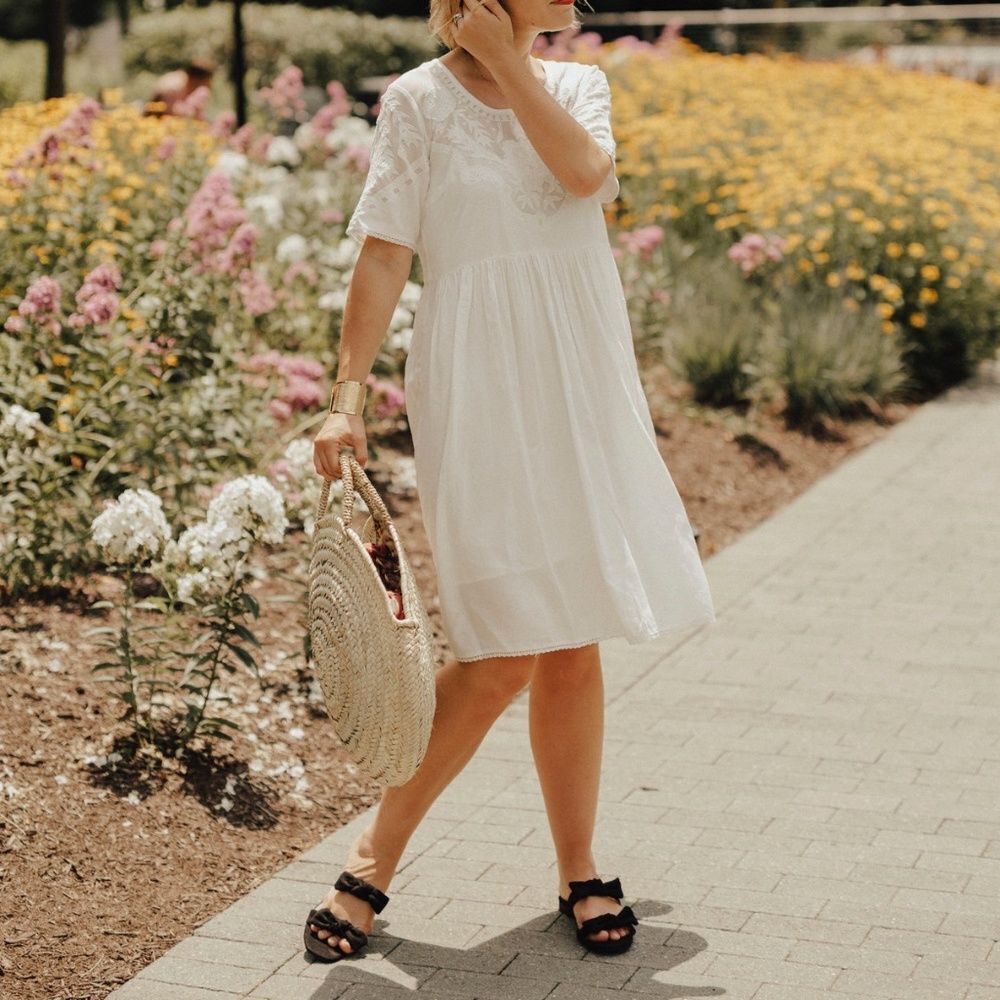 French‎ Connection White Boho Embroidered Lace Babydoll Mini Dress, Small